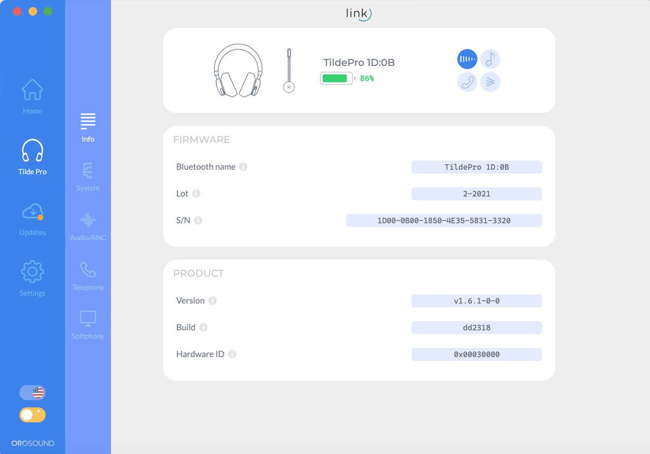 orosound link application: device information